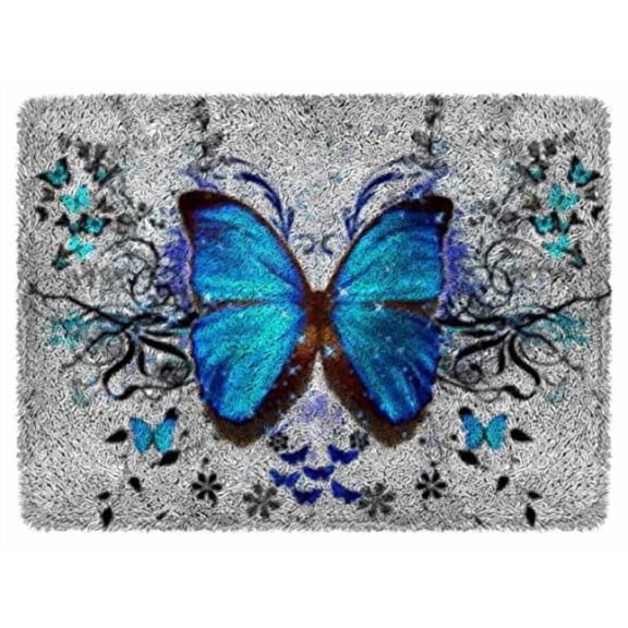 Latch Hook Rug Kit for Adults Blue Butterfly DIY Carpet Cushion with Printed Canvas Crochet Yarn Craft Hook and Latch Tapestry for Home Decoration Pets Warm Pads 52x38cm