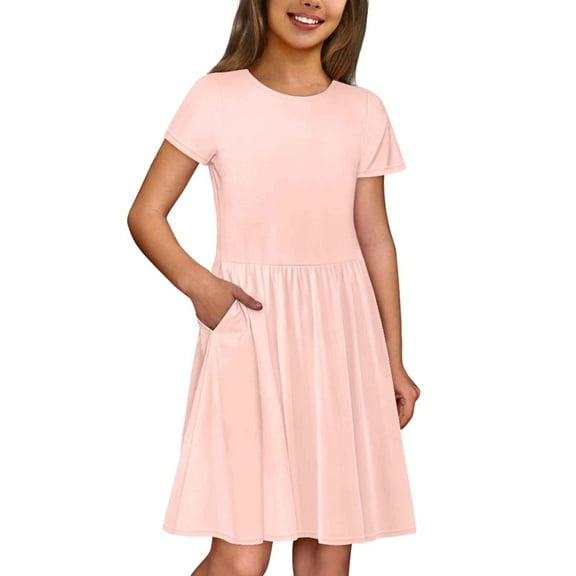 MIASHUI Girls Dresses Summer Comfortable Casual Short Sleeve Dress with Pocket,Pink,5-6 Years