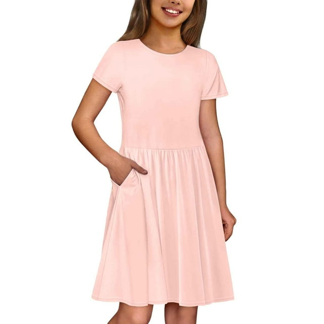 Robe Décontractée Unie à Col Rond et Manches Courtes pour Filles avec Poche - Confortable pour 3 à 12 Ans, Tenue Polyvalente Printemps/été