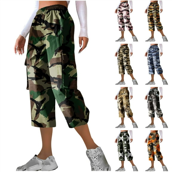QATAINLAV Womens Trendy Camo Cargo Pants with Multi Pockets Casual Elastic High Waisted Capris Baggy Wide Leg Cropped Hiking Pants Dark Gray L
