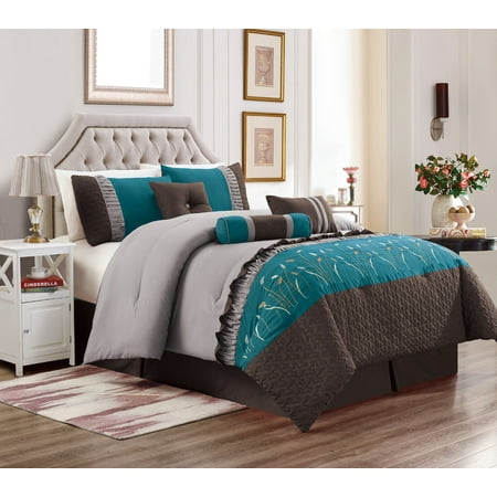 Quilt Comforter Sets Unique Home Marcia 7 Piece Patchwork Embroidery Clearance Comforter Set Fade Resistant, Wrinkle Free, No Ironing Necessary, Super Soft (King, Teal/Coffee/Gray) ()