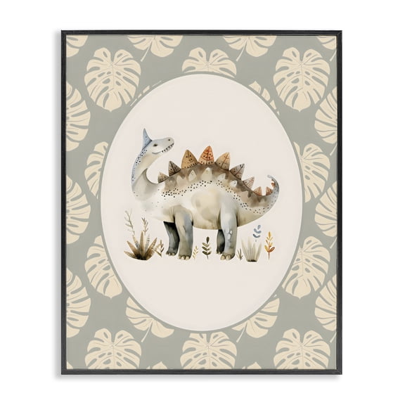 Stupell Industries Eclectic Watercolor Dinosaur Monstera Border Black Framed Giclee Art, 11 x 14, by LSR Design Studio