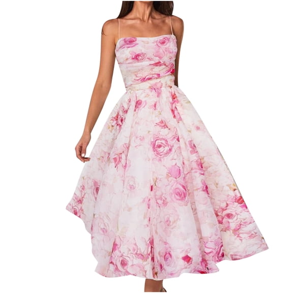 HomeGardon Summer Dresses for Women Summer Maxi Dress Sleeveless Floral Printed Spaghetti Strap Smocked Boho Beach Long Dress with Pockets High Quality Pink,S-XXL