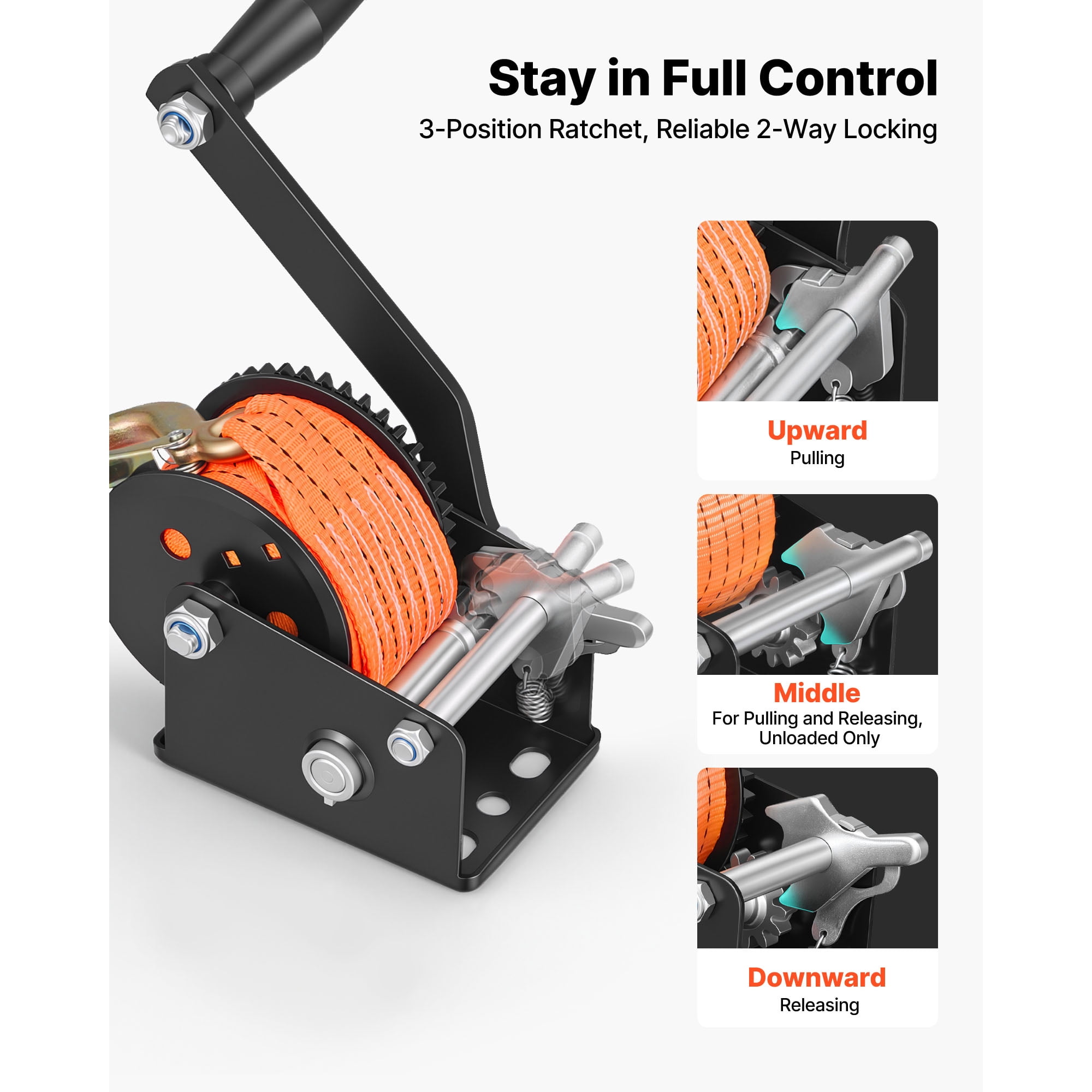 KFFKFF 600 lbs Hand Winch, Durable Manual Rope Crank with 20ft Orange Polyester Strap, Two-Way Ratchet, Anti-Slip Handle for Boat Trailer and ATV Towing