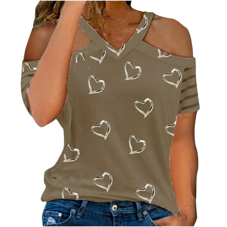 

Summer Cold Shoulder Tops for Women Sexy Short Sleeve V-Neck Tunic T Shirts Comfy Loose Fit Blouses