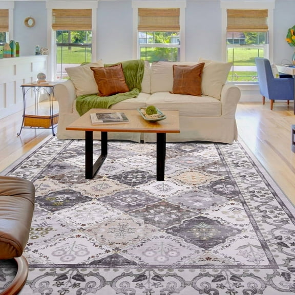 Balacho Floral Mosaic Boho Patchwork Quilted Faux Wool Area Rug, 5' x 8', Gray