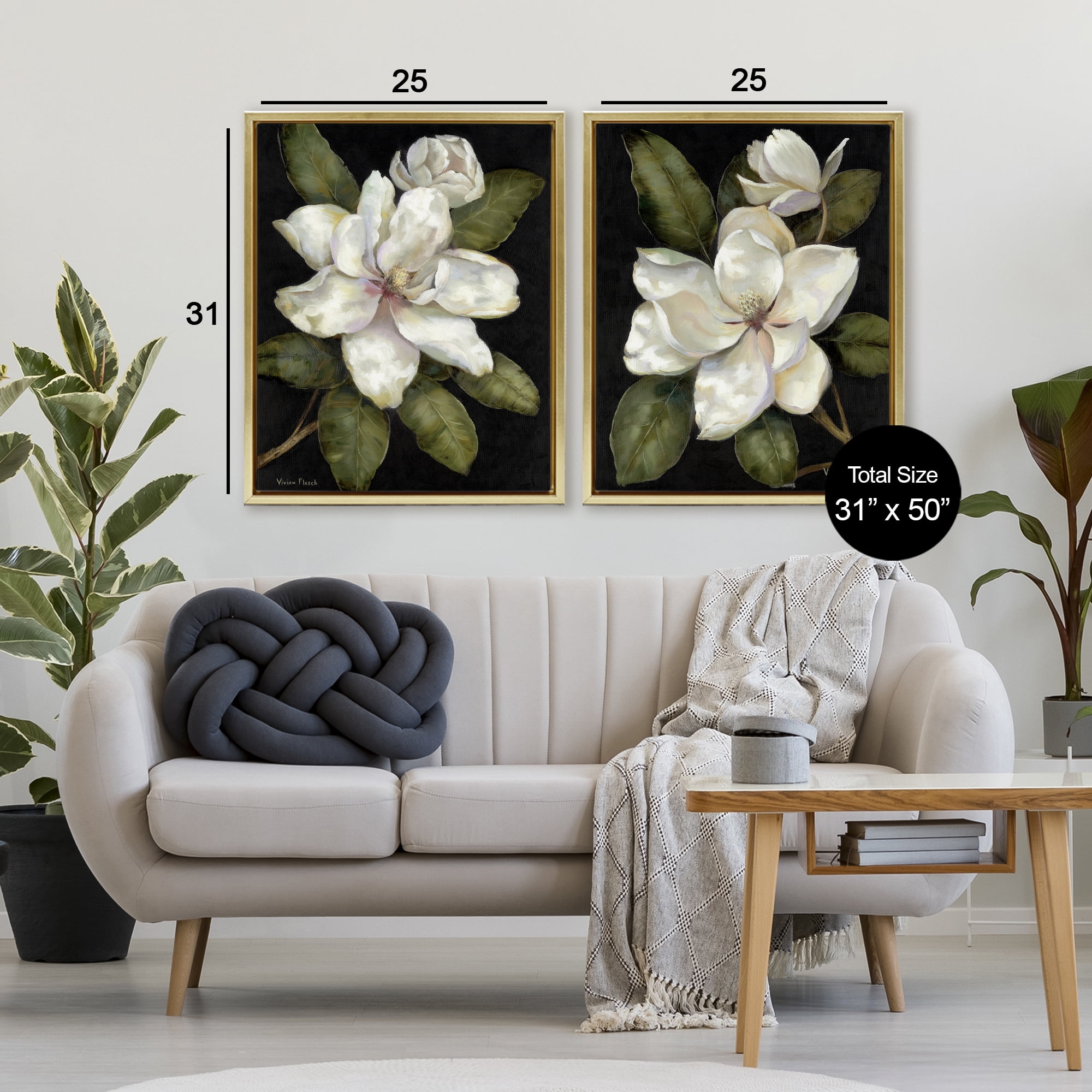 Stupell Industries Magnolia Buds & Blooms 2 Piece Gold Framed Floater Canvas Set, design by Nan