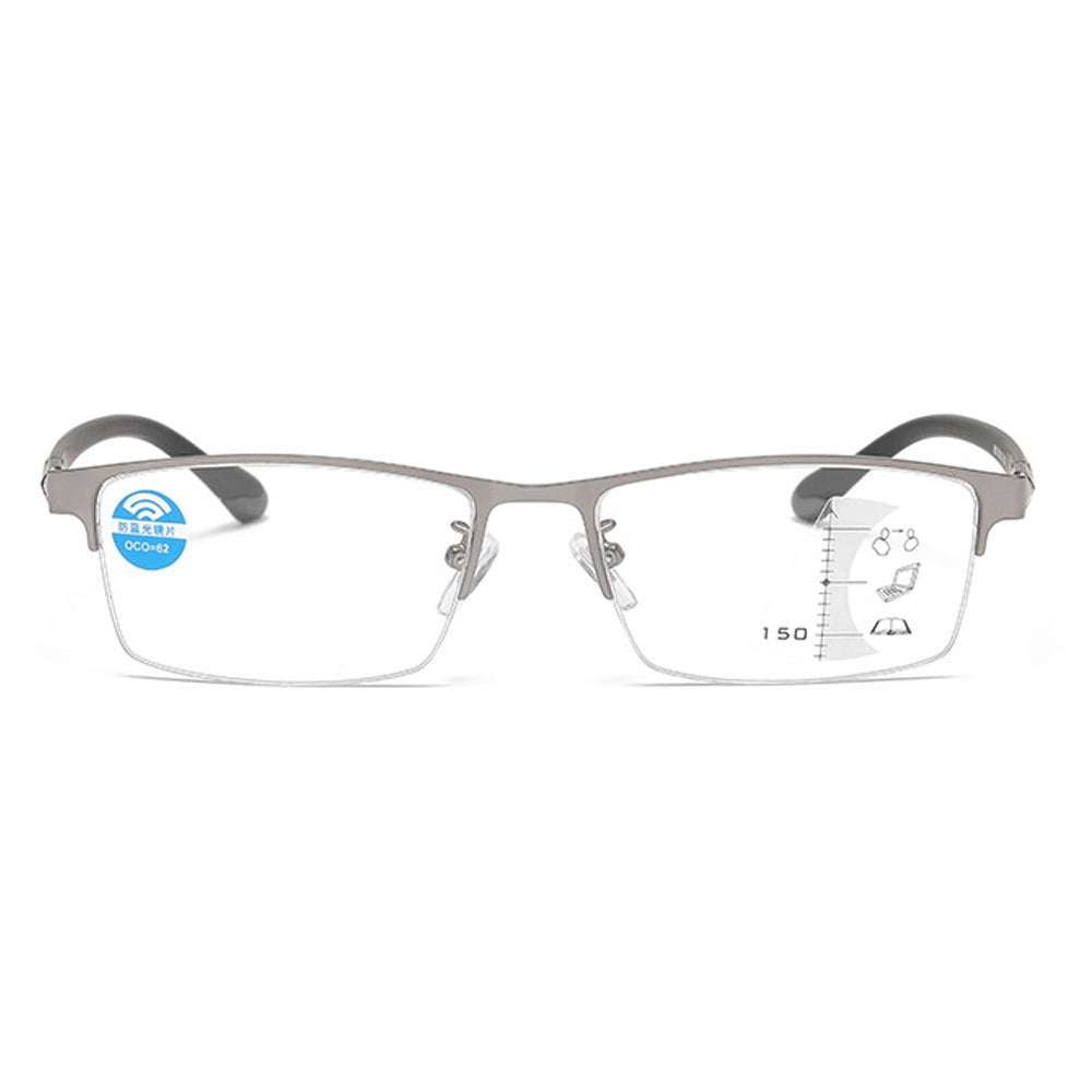 Men Gunmetal Frame Progressive Reading Glasses 1.50, Metal Rectangle Half Rimless Business Multifocus Readers +1.50 Strength (Not Photochromic)