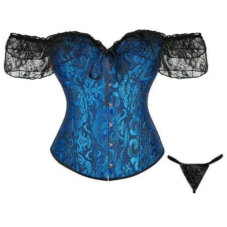 CHCNHAC Corset Tops for Women Satin Boned Lace Up Corset Shapewear Vintage Floral Trim Waist Cincher Plus Size Victorian Corsets Dark Blue 5XL