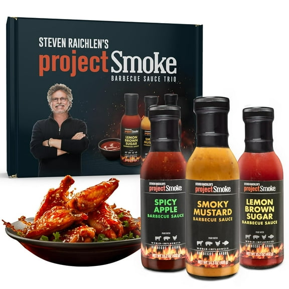Steven Raichlen Project Smoke Barbecue Sauce Gift Box- 3 Pack BBQ Combo- Spicy Apple, Smoky Mustard, Lemon Brown Sugar- Great Gift for Men or Summer BBQ Lovers- Sauce for Meat Chicken Ribs Fish