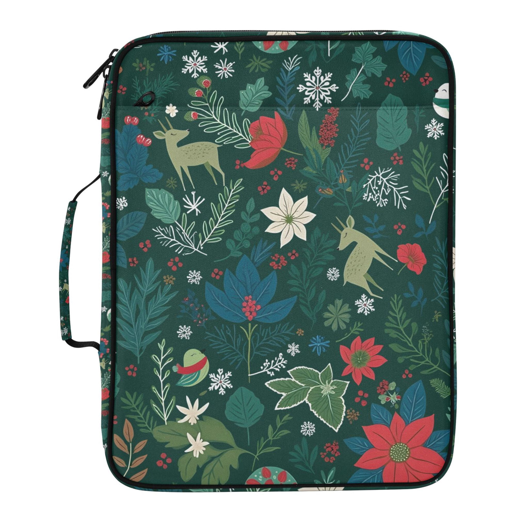 FORMRS Accordion File Folder A4 Size 7-Pocket Expanding Document Organizer Bag with 3 Ring Binder, Green Christmas Forest