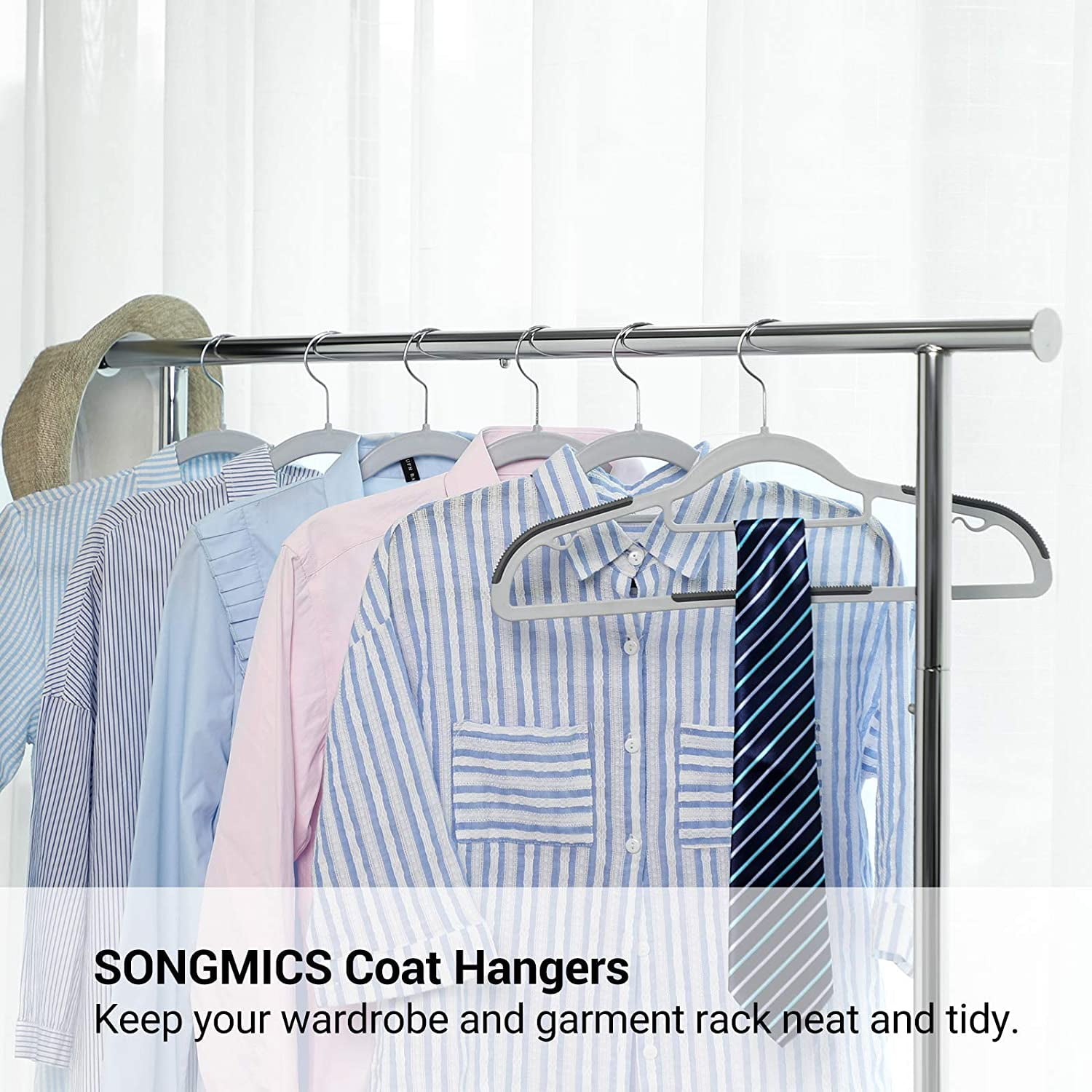 SONGMICS Clothes Hangers, Pack of 50 Plastic Coat Hangers, Non-Slip,  Space-Saving, 0.2 Inches Thick, 17.7 Inches Long, 360° Swivel Hook, White