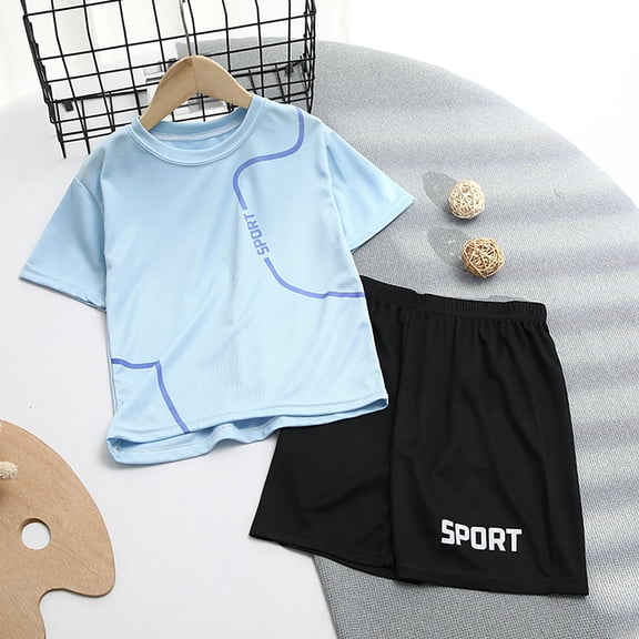 Boys Kids Sportswear Two-Piece Set Quick-Dry Running Shorts and Mesh Shirt Tracksuit for Casual Daily Outdoor Play and School Activities, 10-12 Years, Light Blue