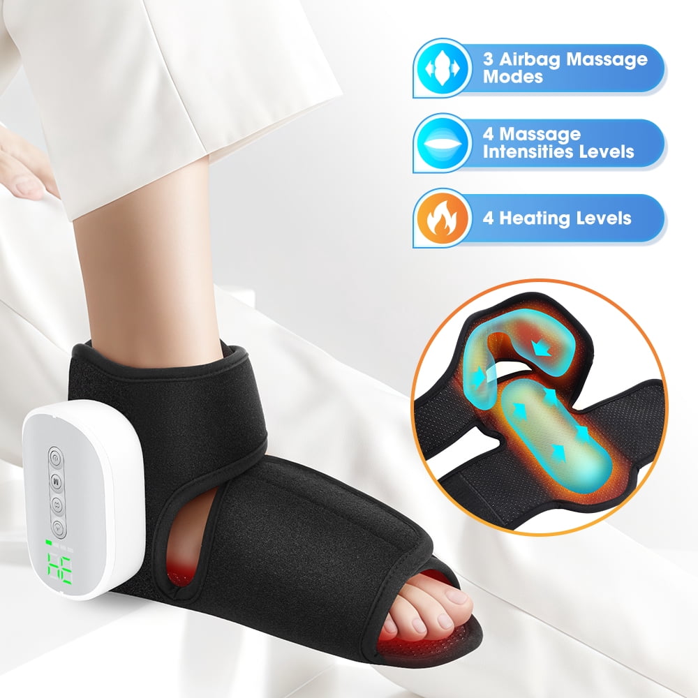 Cordless Ankle Massager, Dual Air Compression & 4-Level Heat Foot Massager, Portable Foot Massager Machine, Adjustable Intensity for Home Office, Foot and Ankle Massager Gift for Men Women, Black