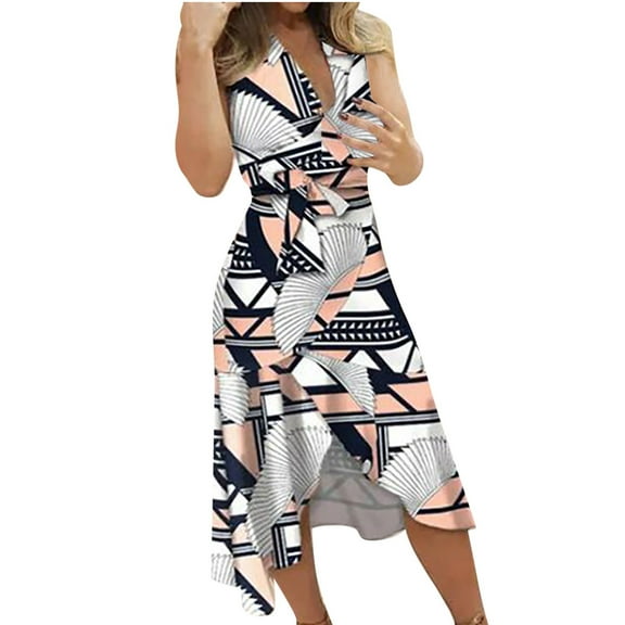 Fesfesfes Women Dress Sleeveless Printing V Neck Lacing Slim Irregular Hem Dress(Includes Belt) or