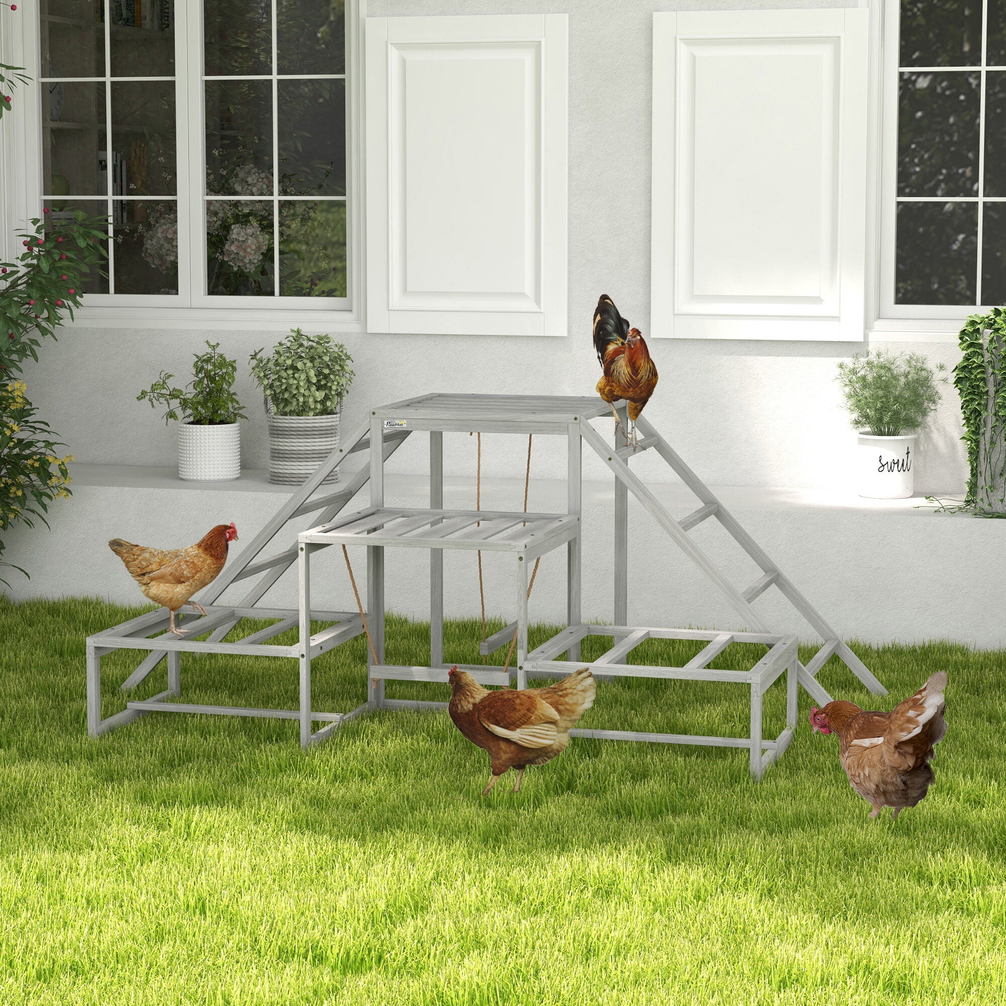Dog Bed PawHut Chicken Toys for Coop, Chicken Swing Set, Chicken Coop Accessories for Poultry Run with Perches, Wood Stand, Ladder, Platforms, for 10-15 Chickens, Gray,Large Dog Bed