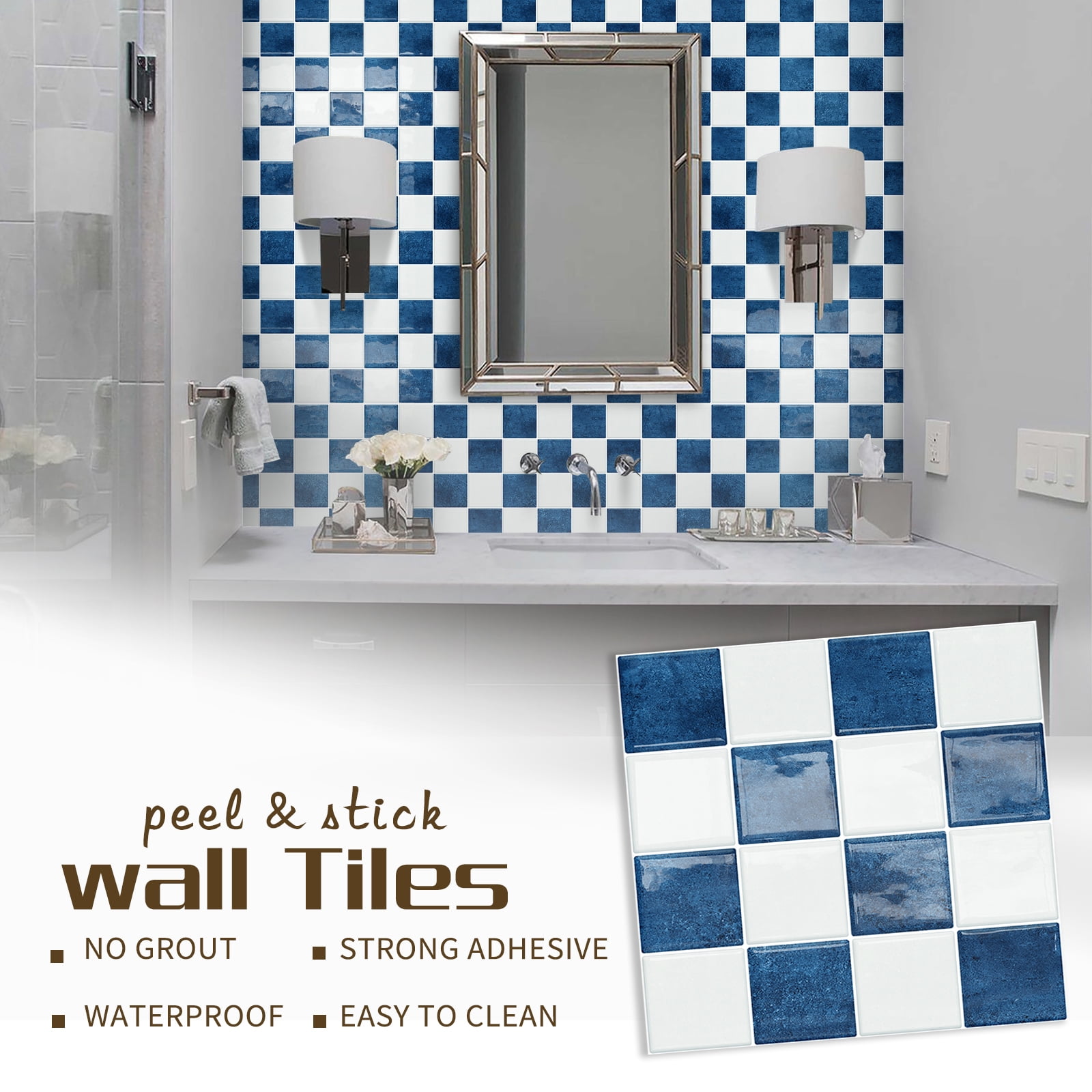 DEWOO Thick Peel and Stick Backsplash Tiles Kitchen Bathroom Square Self Adhesive Wall Tile Checkerboard Checkered Stickers,Blue (10-Sheet, 9"×9")