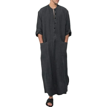 

CenturyX Men Kaftan Arabic Thobe Loose Solid Color Long Sleeve Nightshirt Nightgown with Pockets Middle Eastern Clothing