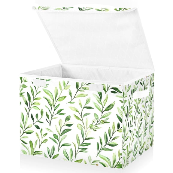 Yayeee Collapsible Cube Storage Bin with Lid Fabric Closet Decorative Basket with Handles, Green Leafy Pattern