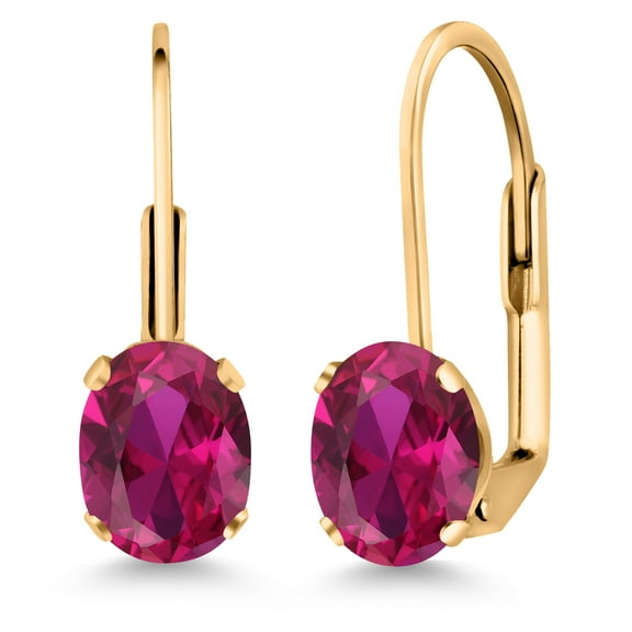 Gem Stone King Red Created Ruby Yellow Gold Plated Leverback Earrings for Women (1.70 Cttw, Gemstone July Birthstone, Oval 7X5MM)