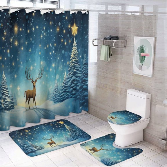Christmas Elk Theme 4 Piece Shower Curtain Sets, Non-Slip Rugs, Toilet Lid Cover And Bath Mat, for Bathroom Decor Set, 72" X 72"