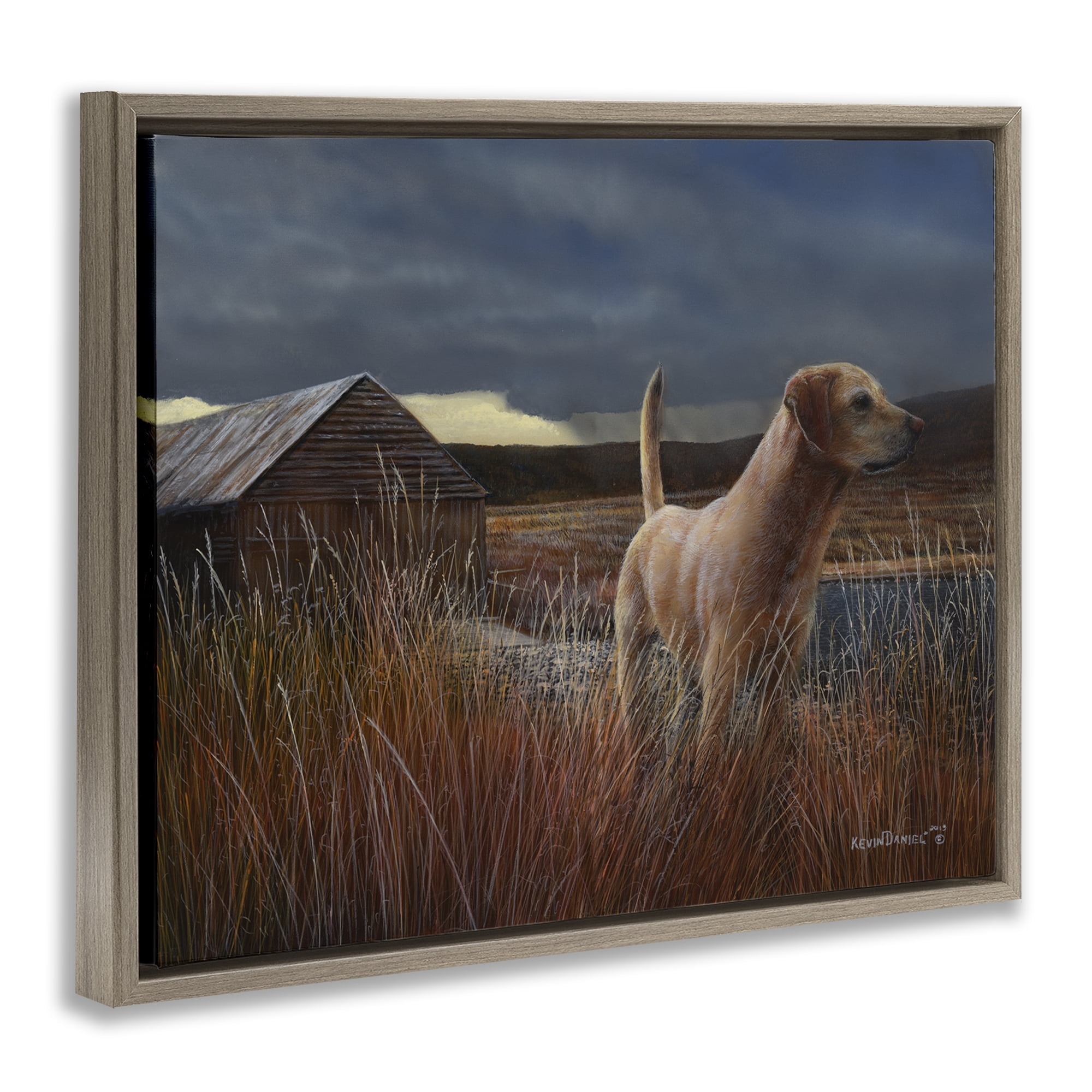 Stupell Industries Alert Dog by Cabin Landscape & Nature Painting Brown Floater Framed Canvas Art Print Wall Art, 21 x 17
