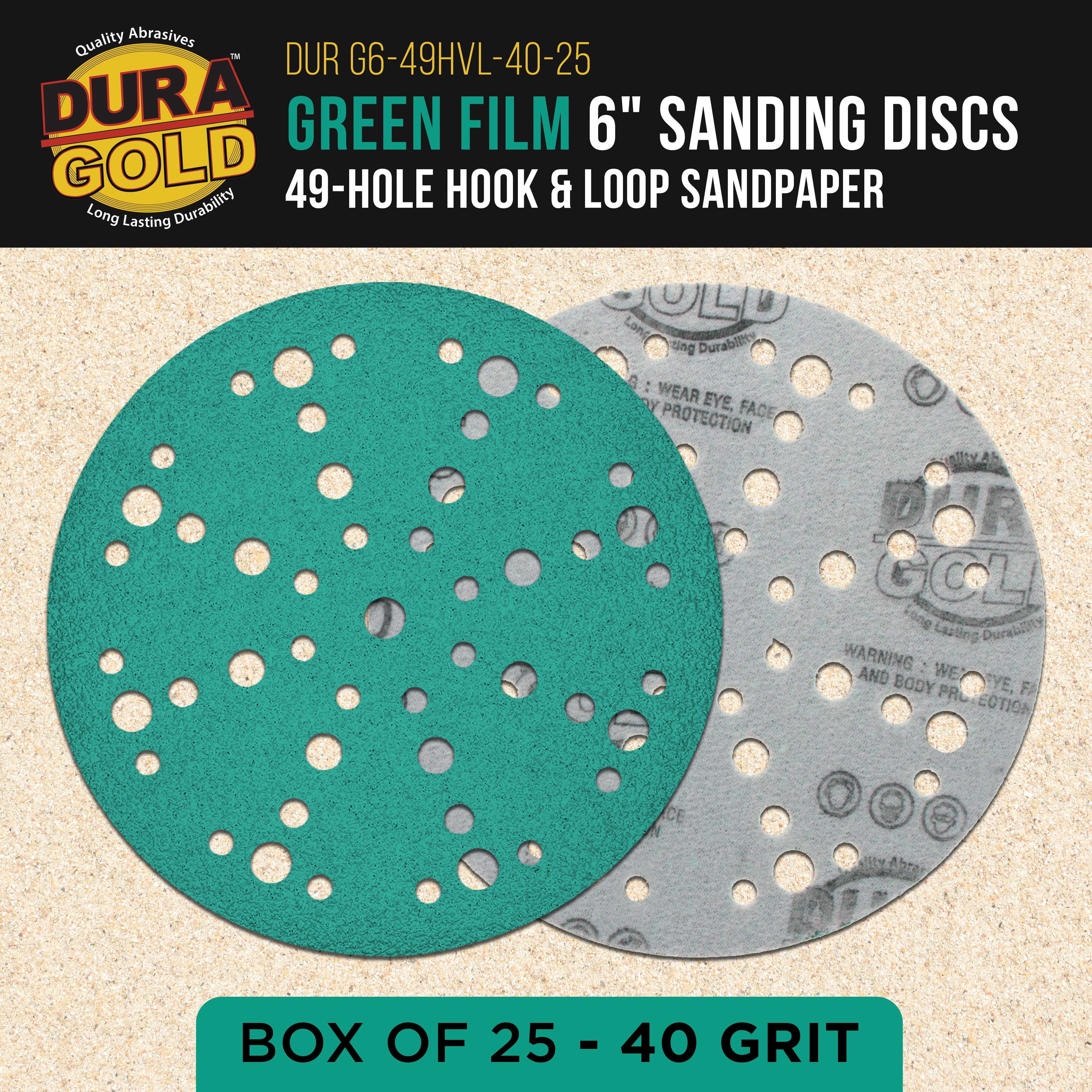 Dura-Gold Premium 40 Grit 6" Green Film Sanding Discs, 49-Hole Pattern, Box of 25 - Heavy-Duty Dustless Hook & Loop Backing Sandpaper for DA & Random Orbital Sanders, Sand Auto Paint, Wood Furniture