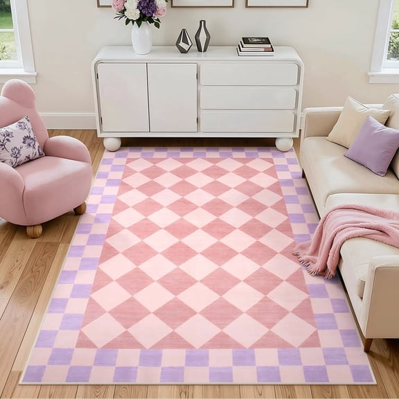 Wonnitar 5'x 7' Checkered Area Rug, Washable Pink Checkerboard Rug for Living Room, Non Slip Soft Low Pile Geometric Indoor Carpet for Bedroom, Nursery, Office