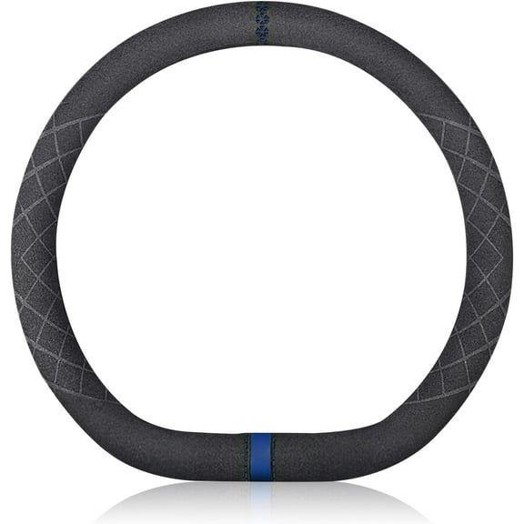 D-Shaped Sport Microfiber Suede Winter Warm Car Steering Wheel Cover Non-Slip Car Steering Wheel Protector Universal for D-Type Diameter 38 cm 15", Black Blue