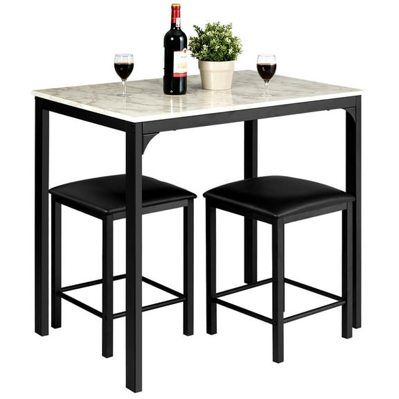 YYEAN Dining Table Set for 2 w/Faux Mable Tabletop and PU Leather Stools, 3 Pieces Table and Chairs, 2 Person Kitchen Table Set for Bistro, Cafe