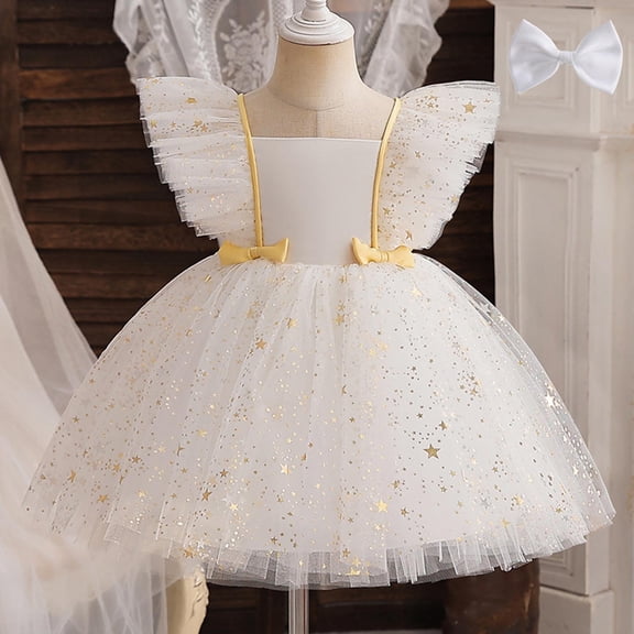 Toddler Girls Bowknot Dress Ruffle Sleeveless Kids Tulle Tutu Christmas Dress Holiday Festive Wedding Party Birthday Fall Winter Princess Dress White 4-5 Years