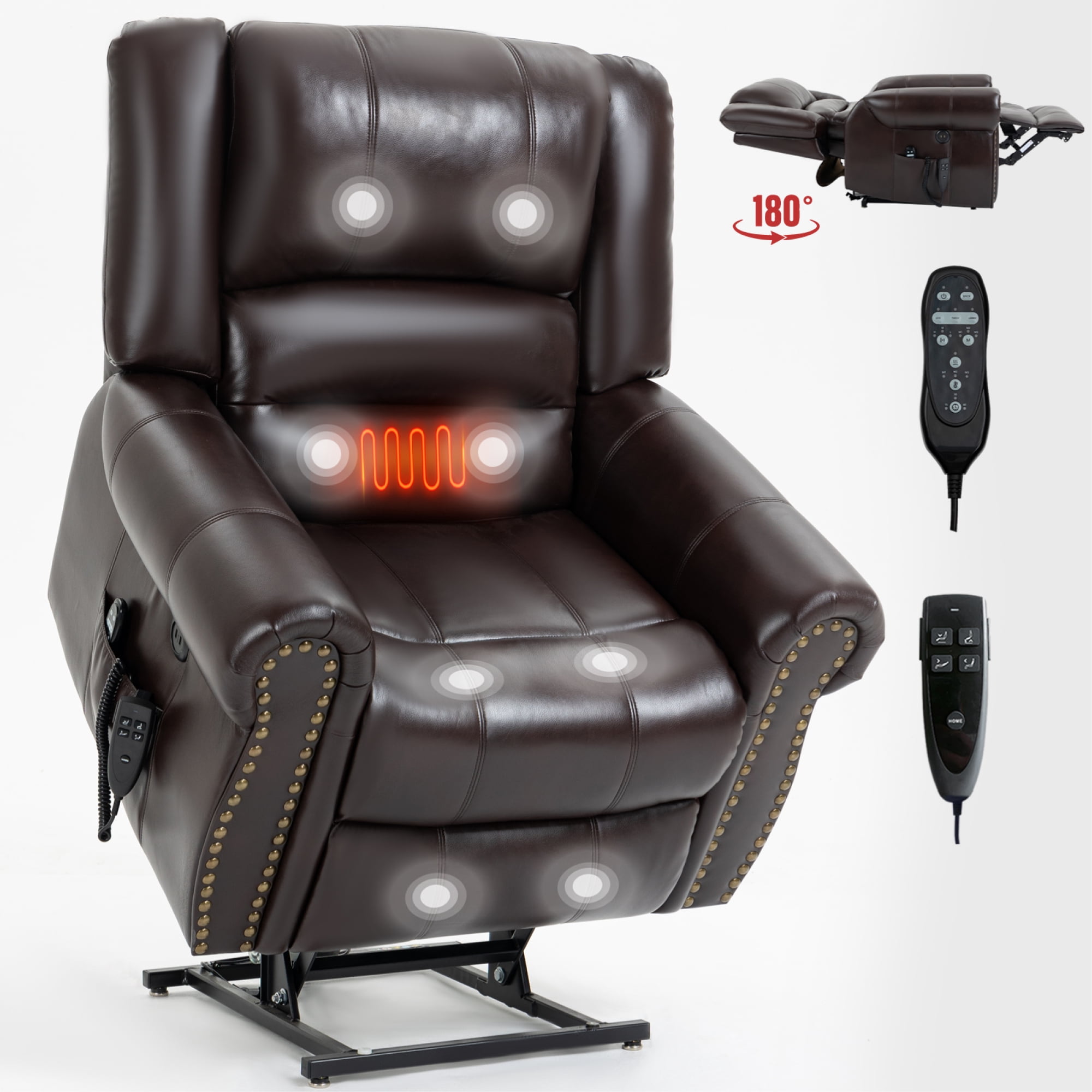 Power Lift Recliner Chair,Heavy Duty Recliners for Elderly with Heat and Massage,Faux Leather Recliner Chair with Infinite Position and USB Ports,Up to 350 LBS,Antique Brown