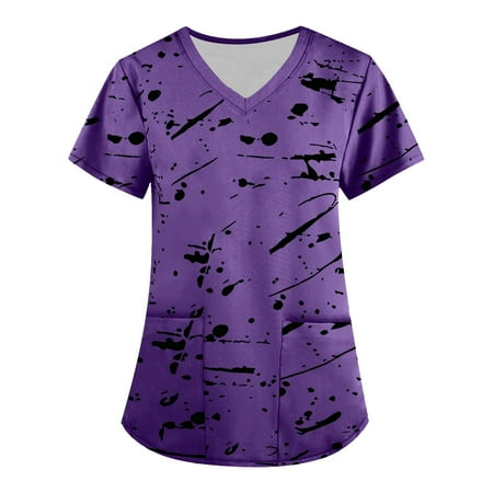 

ELFINDEA Printed Pocket Scrubs Blouses for Women V Neck Short Sleeve Womens Tops