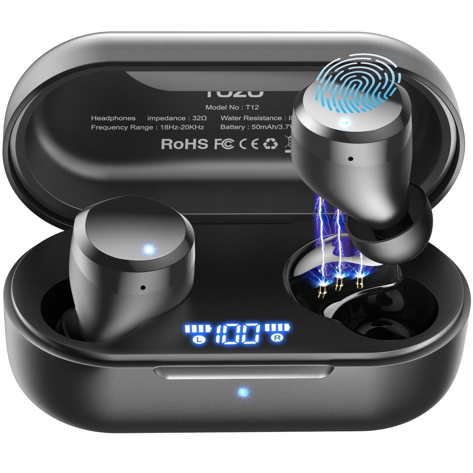 TOZO T12 Bluetooth Wireless Earbuds Bluetooth Headphones, 55H, ENC Noise Cancelling Mic, Premium Stereo Bass, Wireless Charge, IPX8 Waterproof, App-32EQ, LED Power Display, Black