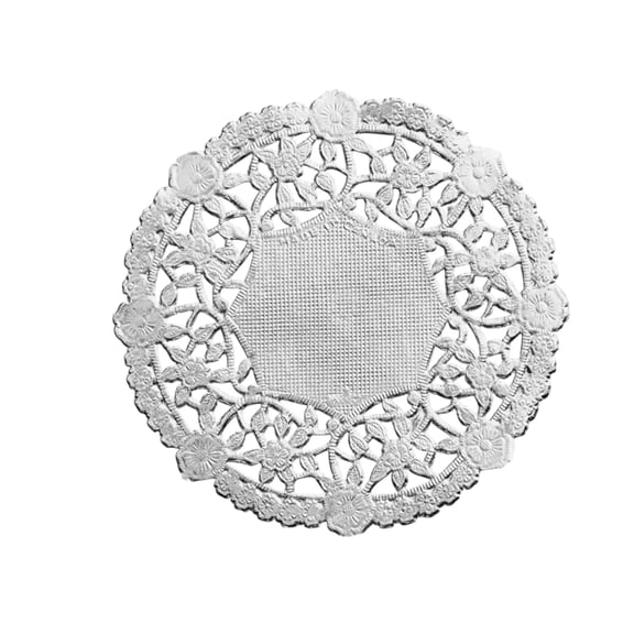 The Baker Celebrations 4" Silver Foil Lace Paper Doilies, Pack of 50, Disposable Doilies for Desserts, Pastries, Weddings, and Parties