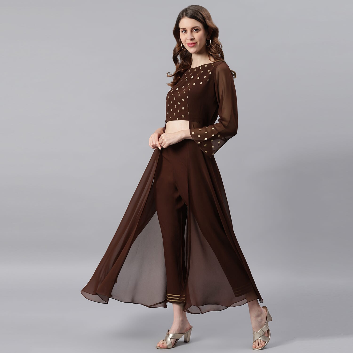 Janasya Indian Round Neck 3/4 Sleeve Ethnic Motifs Brown Georgette Top With Pant For Women - image 4 of 8