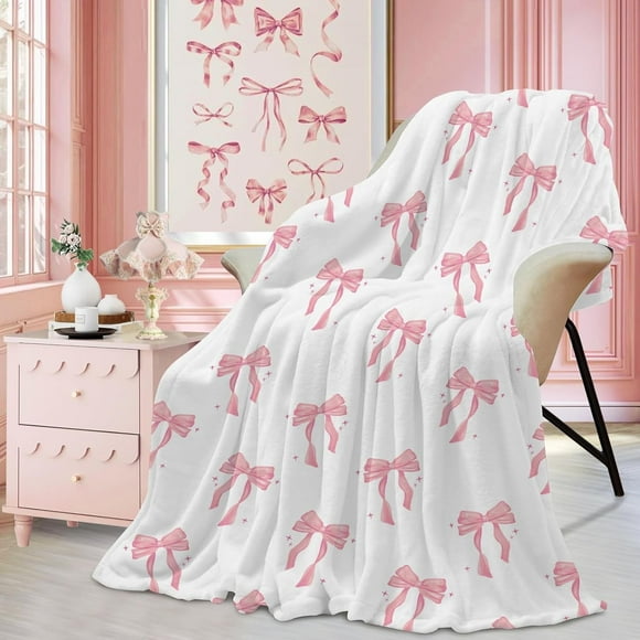 Kuscheln Pink Bow Throw Blanket, for Girls Women Teens, Soft Lightweight Flannel Cute Pink Bow Blanket Bedding for Preppy Girly Coquette Decor, 50 x 60