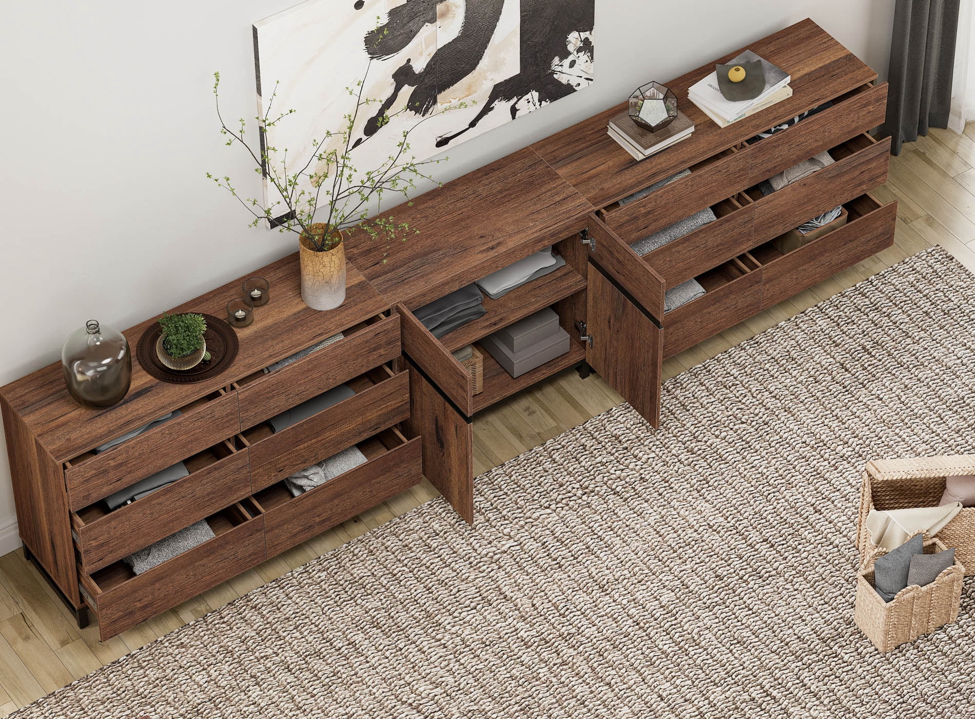 3 In 1 Modern Sideboard With 12 Drawers,Storage Cabinet With Adjustable Shelves, Coffee Bar Cabinet For Living Room, Kitchen,Brown