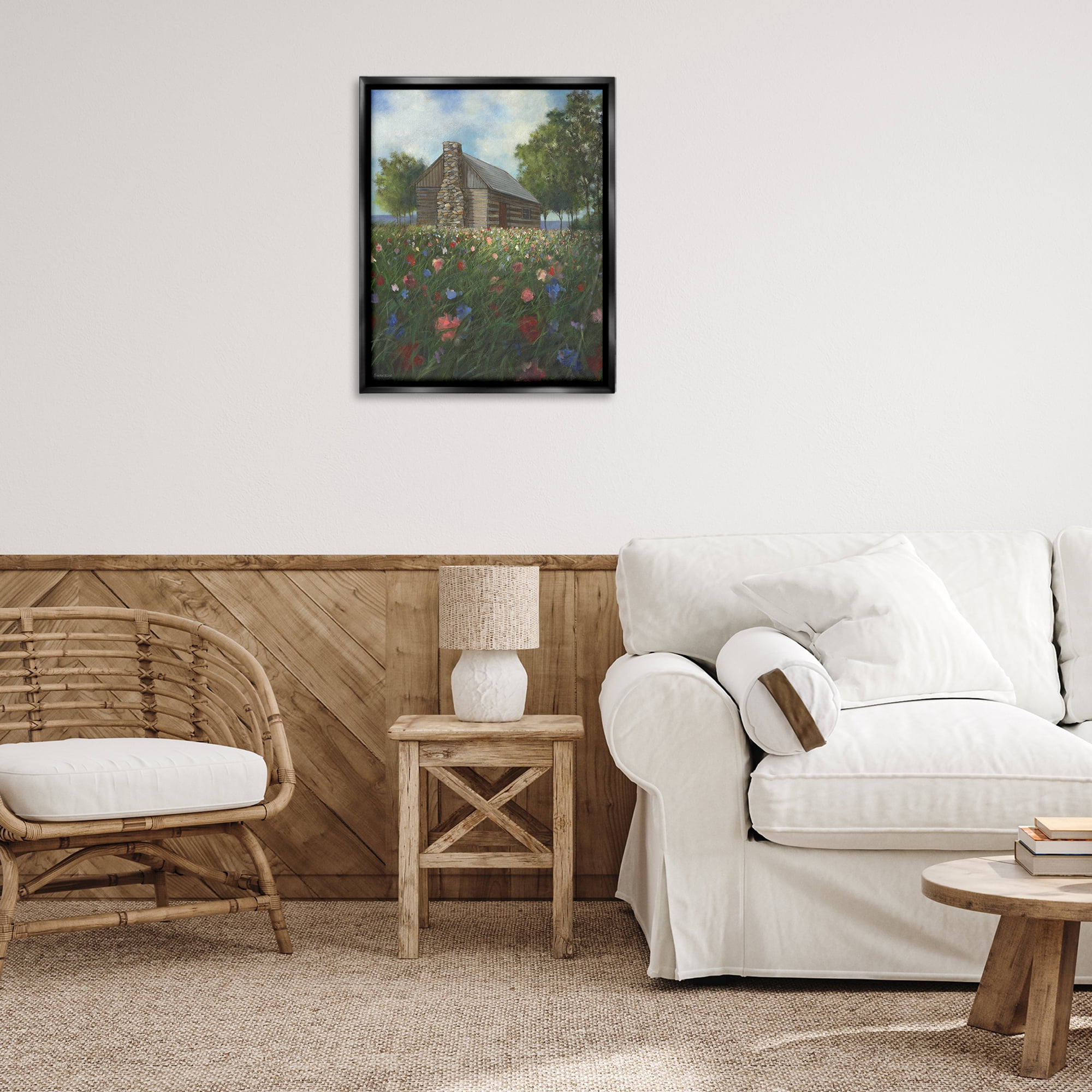 Stupell Industries Log Cabin Meadow Landscape Painting Black Floater Framed Art Print Wall Art, 25 x 31