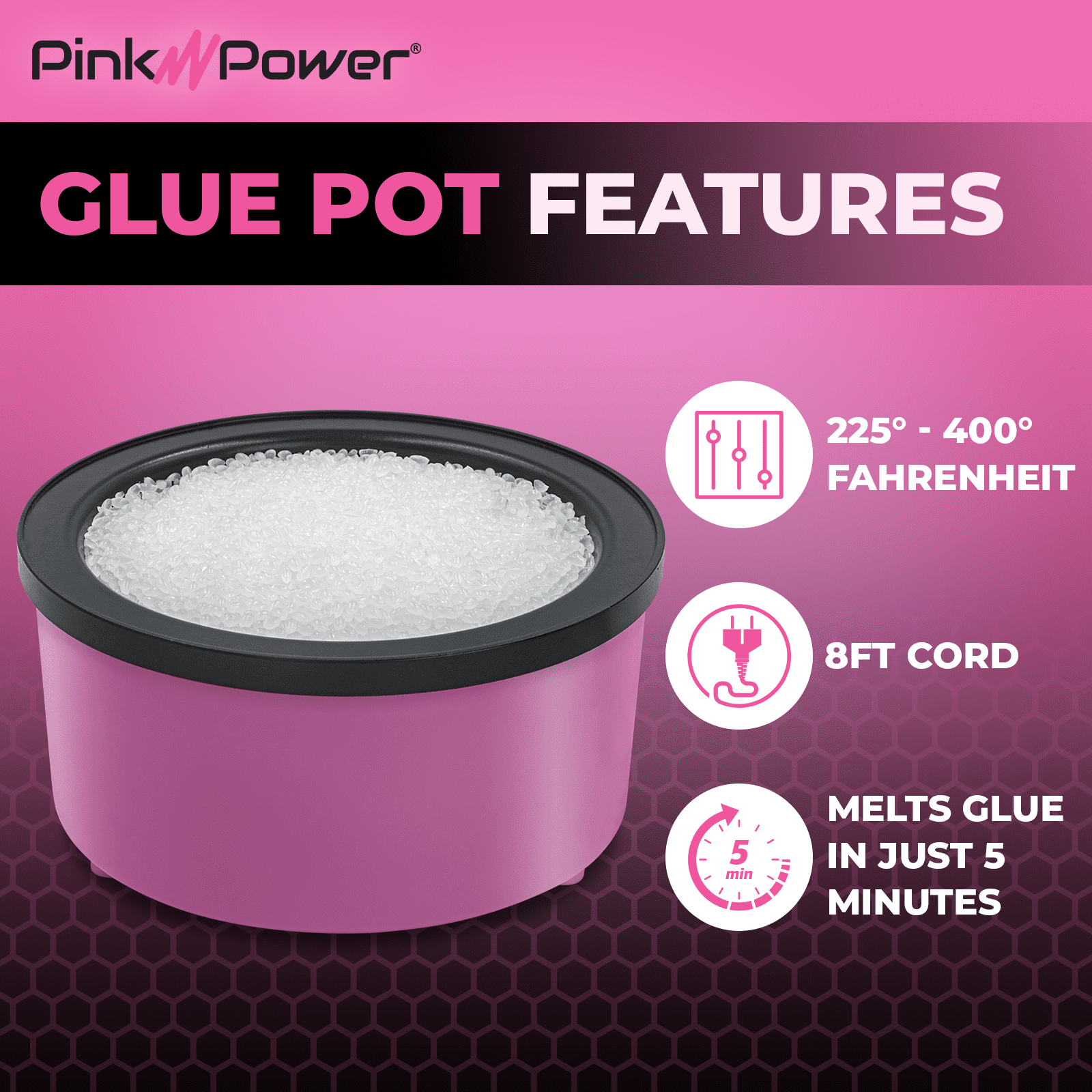 Pink Power Electric Hot Glue Pot for Crafts w/Adjustable Temp 225-400 F - 160ml Hot Glue Skillet for Crafting - Hot Glue Pots for DIY Crafters - Mini Electric Skillet Hot Glue Stick Glue Pellet Pot