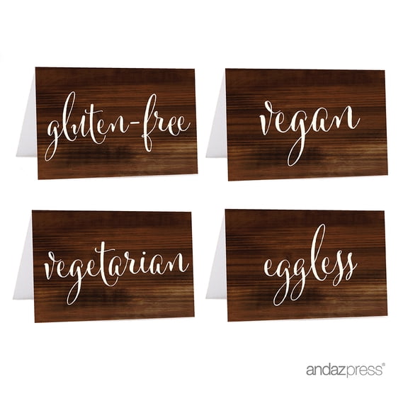 Vegan, Vegetarian, Gluten-Free, Eggless Brown Food Station Buffet Menu Place Cards, Rustic Wood, 20-Pack