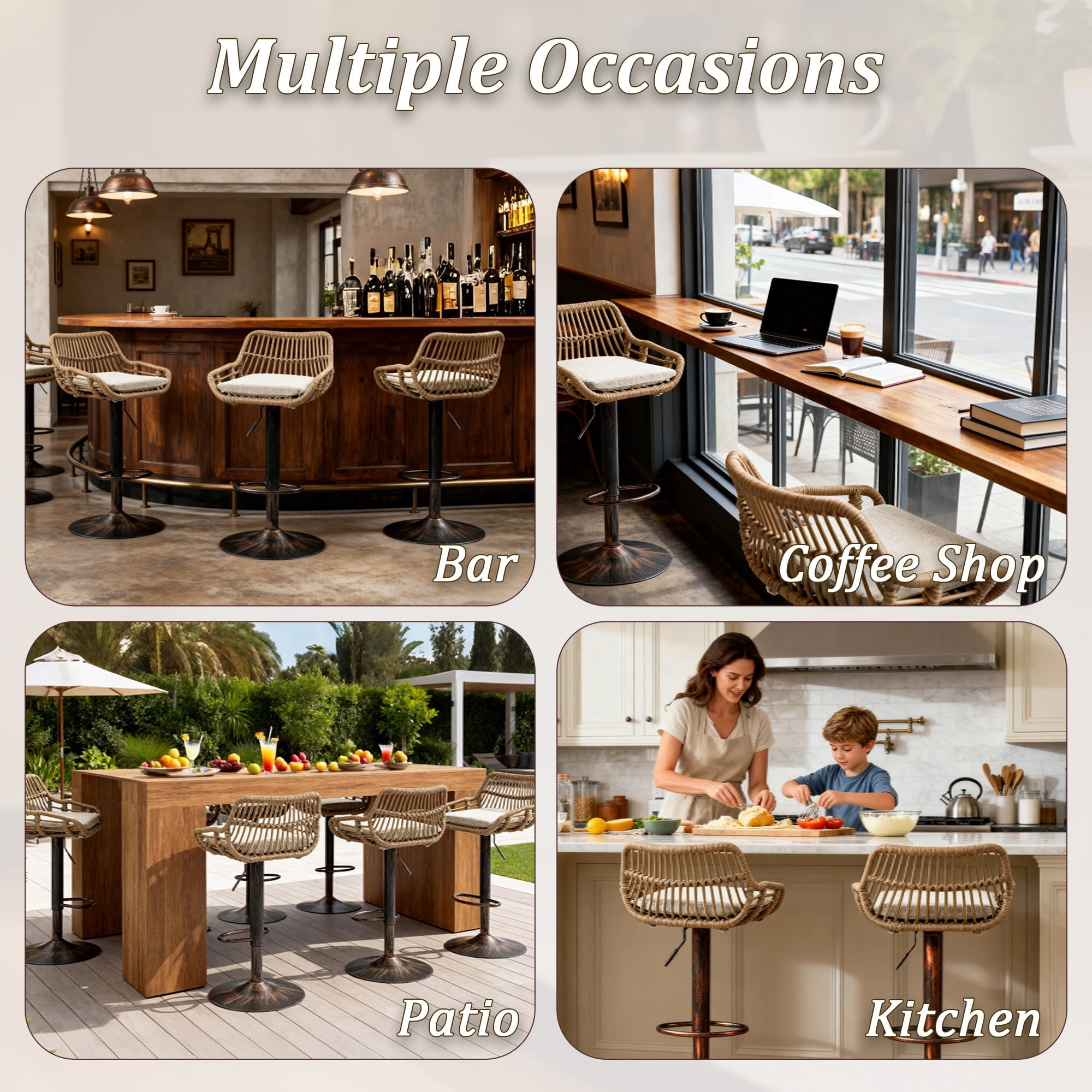 MOONMISS Swivel Bar Stools Set of 2, Modern Adjustable Counter Height Barstools with Back, Rattan Bar Chairs with Cushions & Metal Footrest, Pub Stools for Kitchen, Bar, Dining Room,Beige