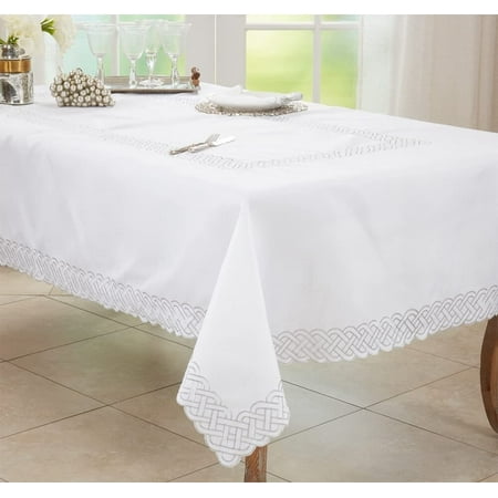 

Fennco Styles Braid Embroidered Metallic Border Tablecloth 65 W x 140 L - Silver Table Cover for Home Décor Everyday Use Christmas Banquets and Special Events