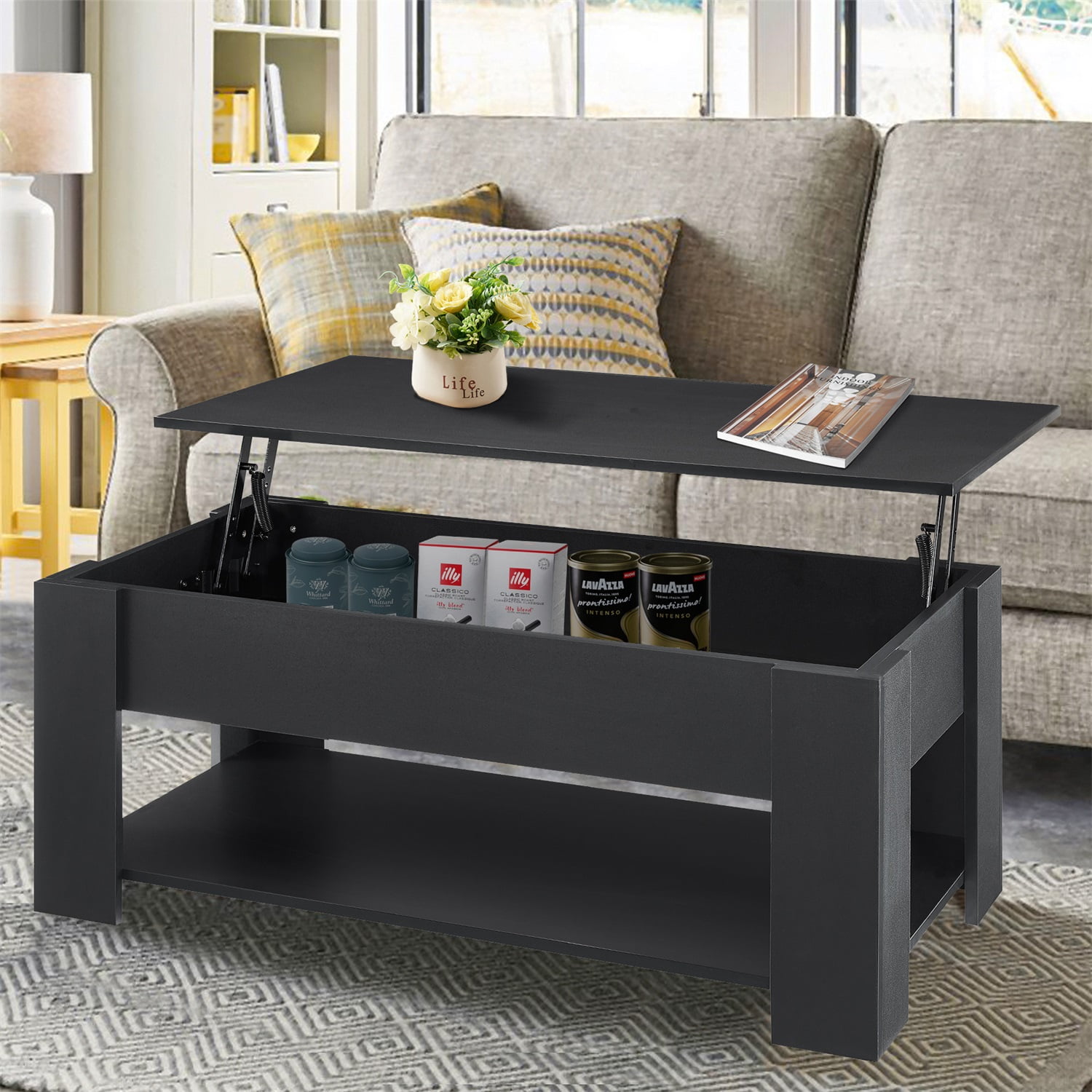 Kadyn Modern Wood Lift Top Coffee Table, Pop-up Coffee Table with Hidden Compartment, Living Room Table with Shelf, Black