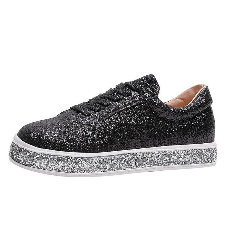 Jsezml Women's Glitter Shoes Sparkly Sequins Tennis Shoes Low Top Lace Up  Canvas Sneakers Fashion Casual Walking Shoes 