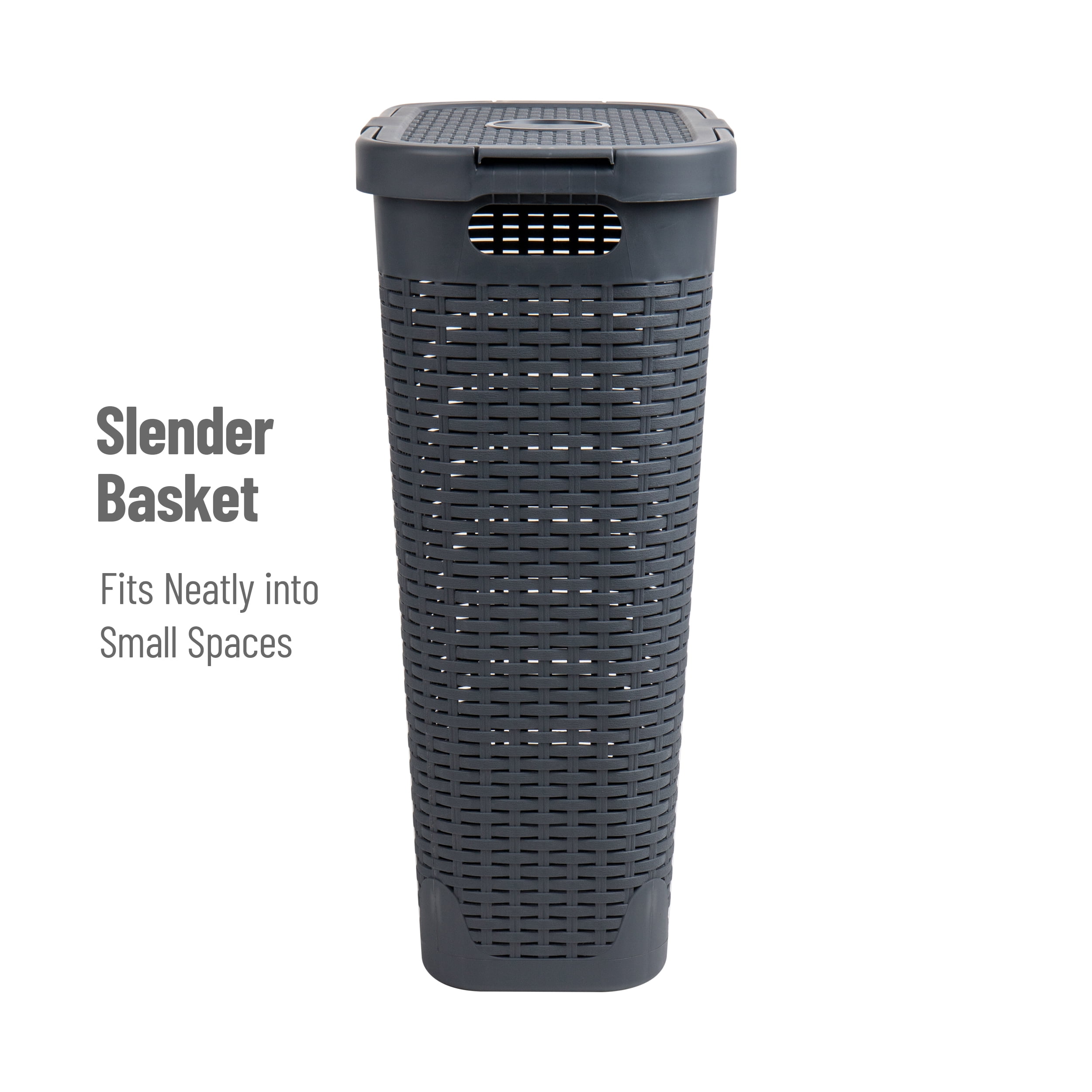 Mind Reader 40L Slim Laundry Hamper, Clothes Basket, Lid, Plastic, 18"L x 10.4"W x 23.5"H, Gray