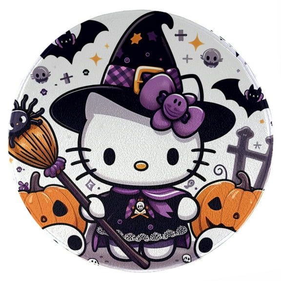 Hello Kitty Thanksgiving halloween Round Rug Washable Circle Rug Non Slip Round Doormat Anime Printed Flannel Round Entryway Rug Floor Carpet Round for Entrance, Entryway, Bedroom 23.6 Inch