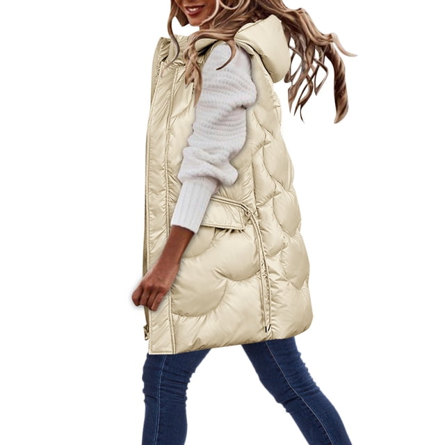 Gilet Matelassé à Capuche pour Femmes Version Longue Léger Chaud pour Automne Hiver Mode Décontractée