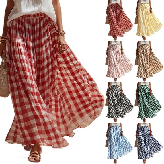 HBBIKVI Maxi Summer Skirts for Women Peasant Flowing Skirt with Gingham Elastic Waist and Loose Fit for Casual Vacation