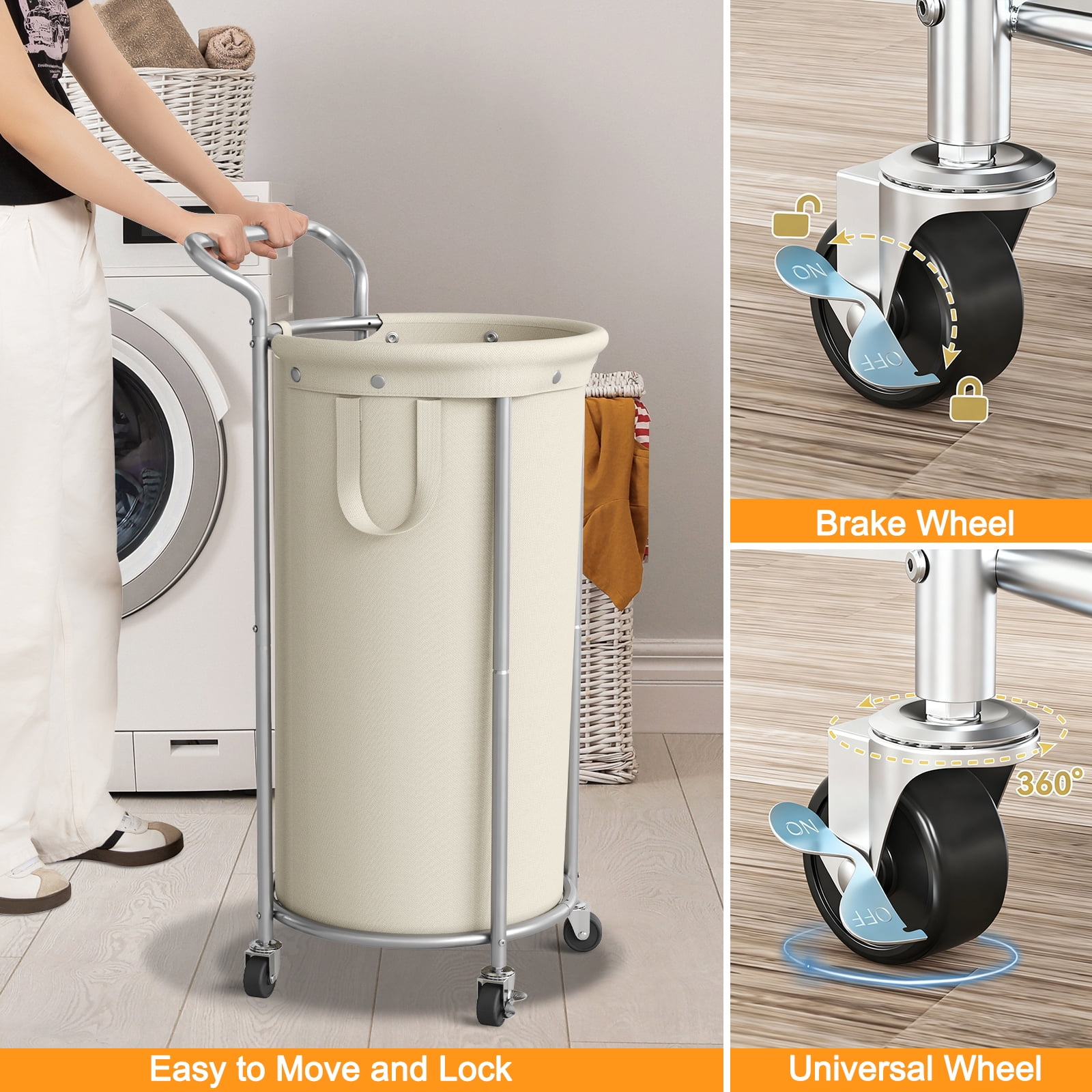 BGTREND 110L Rolling Laundry Hamper with Removable Bag, Round Steel Frame and Handle, Beige